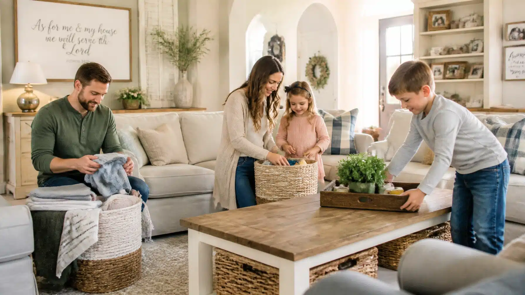 A family of four smiles while tidying their cozy living room together, placing items in baskets and organizing a wooden coffee table, surrounded by soft, light-colored decor.