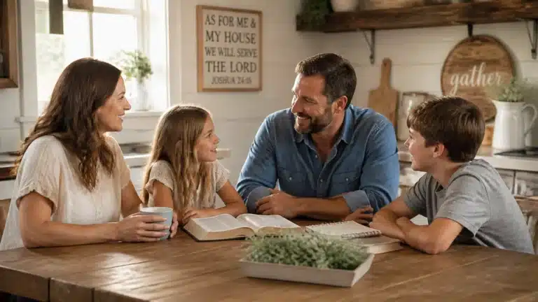 A family of four sits at a wooden table, smiling and talking together. An open Bible and notebooks are on the table. A sign on the wall reads, As for me & my house we will serve the Lord. Joshua 24:15.