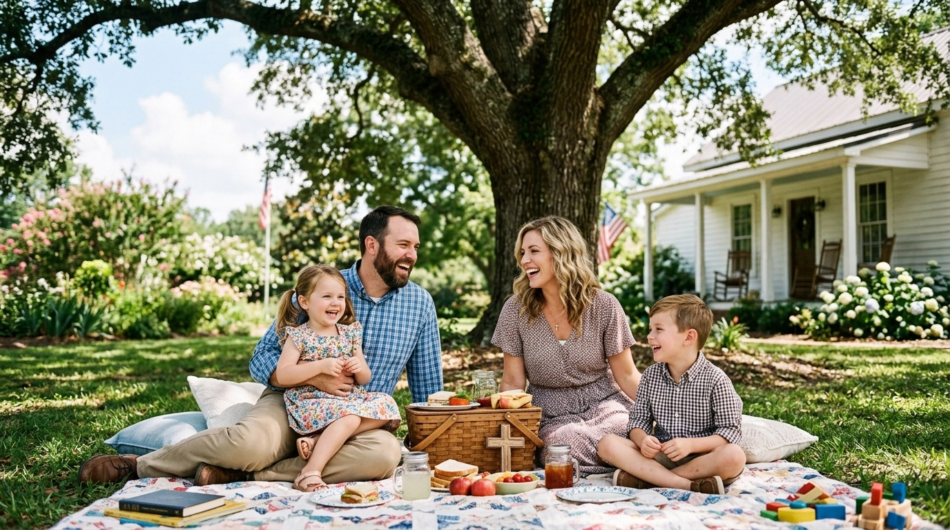 A happy family enjoying a picnic in the backyard