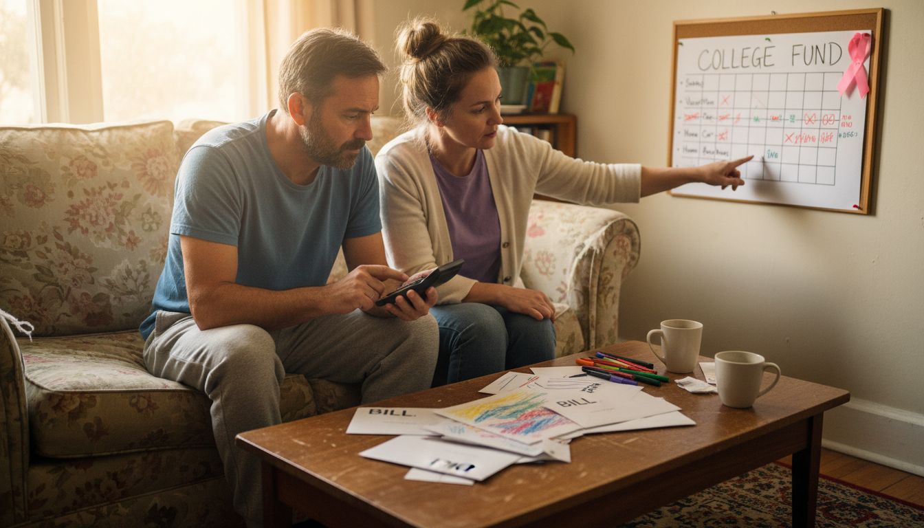 Parents planning financial goals on couch