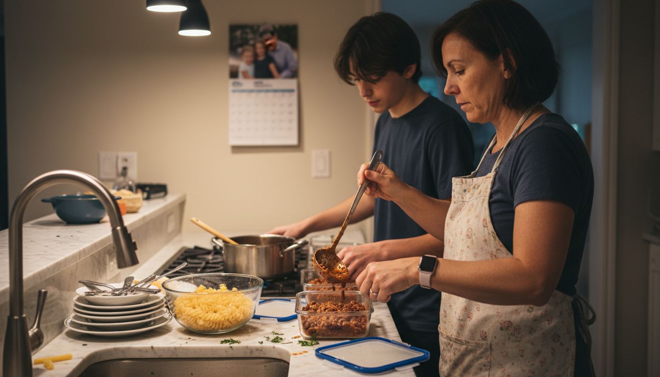 Mother and son preparing batch cooked meals