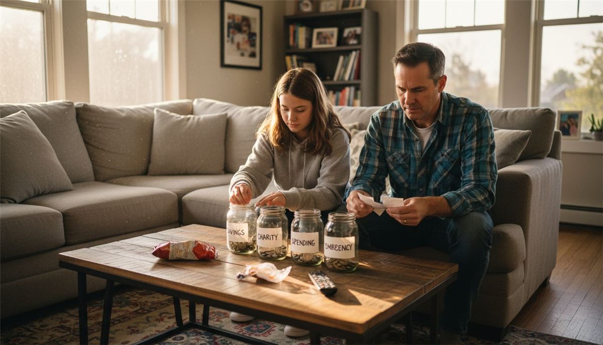 Family sorting receipts and budgeting together