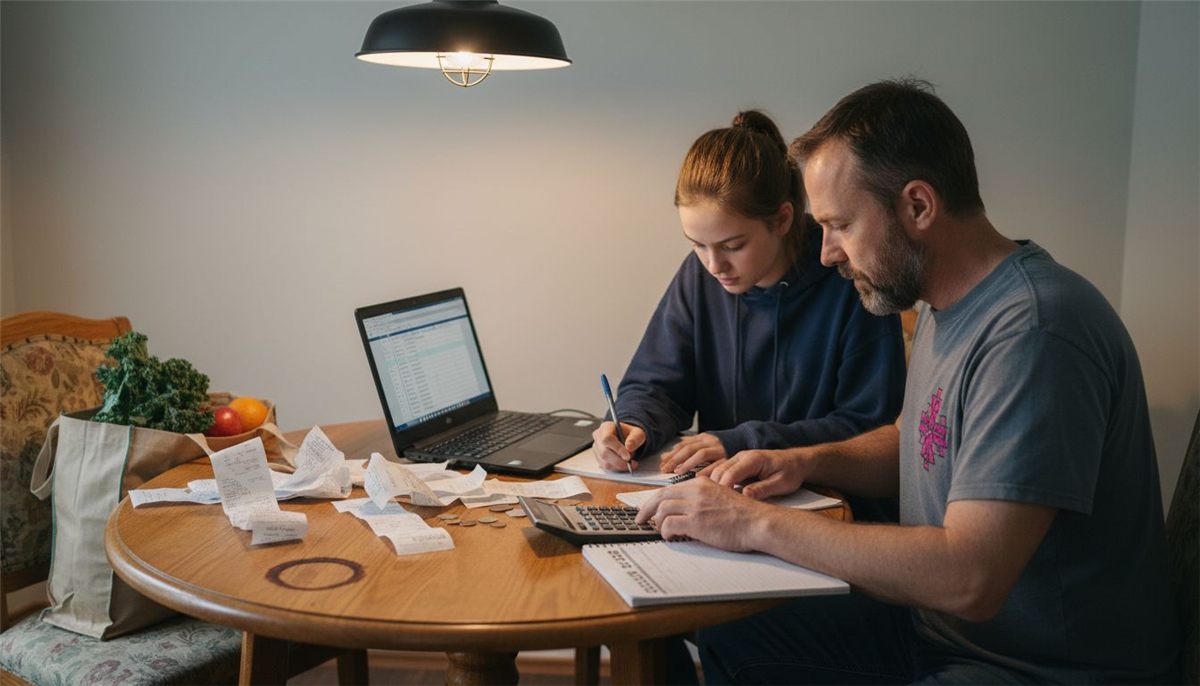 Family reviewing grocery budget receipts