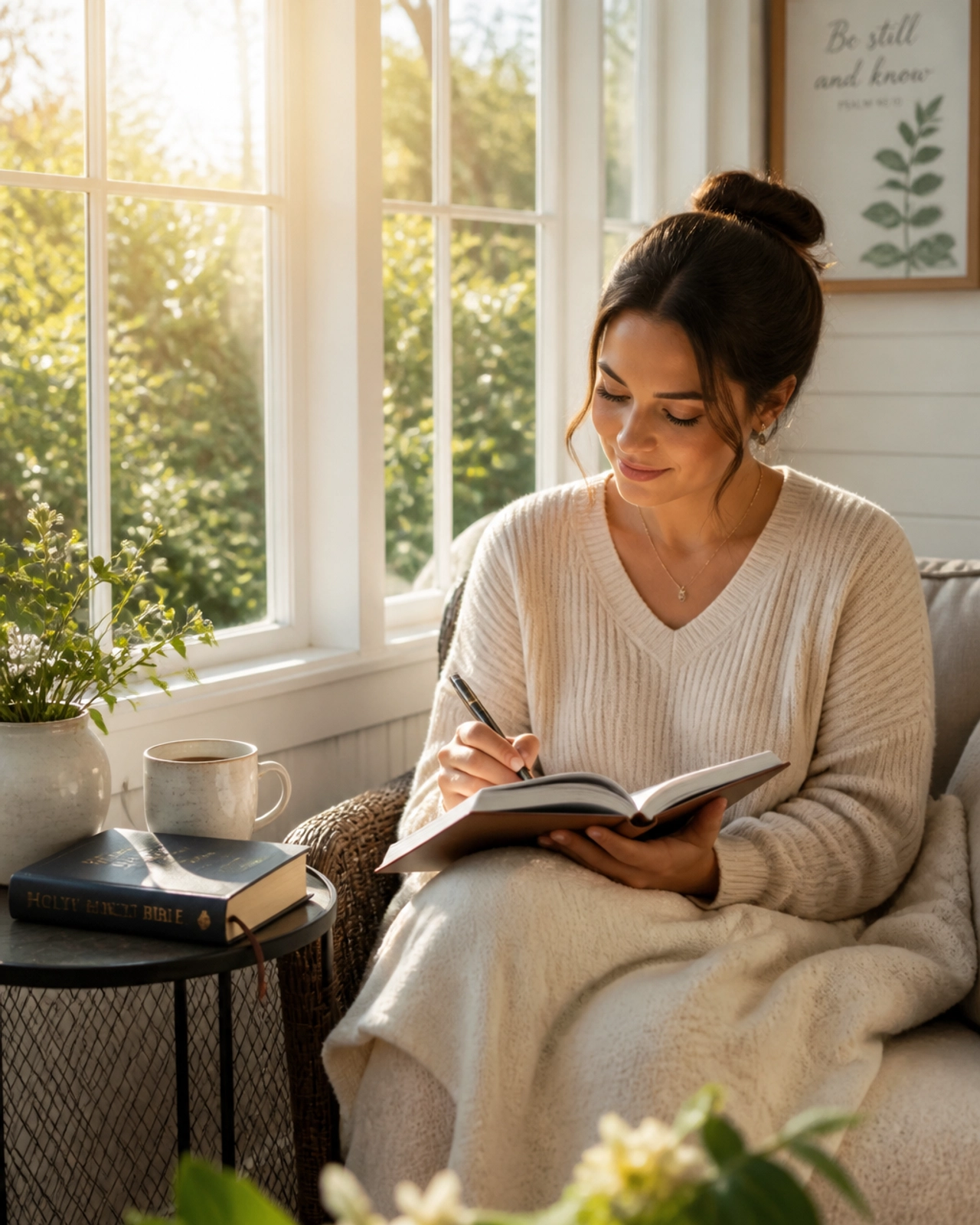 A woman finding a quiet moment for journaling and spiritual reflection.