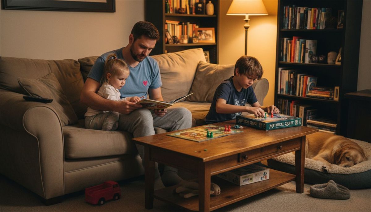 Family winding down together in living room