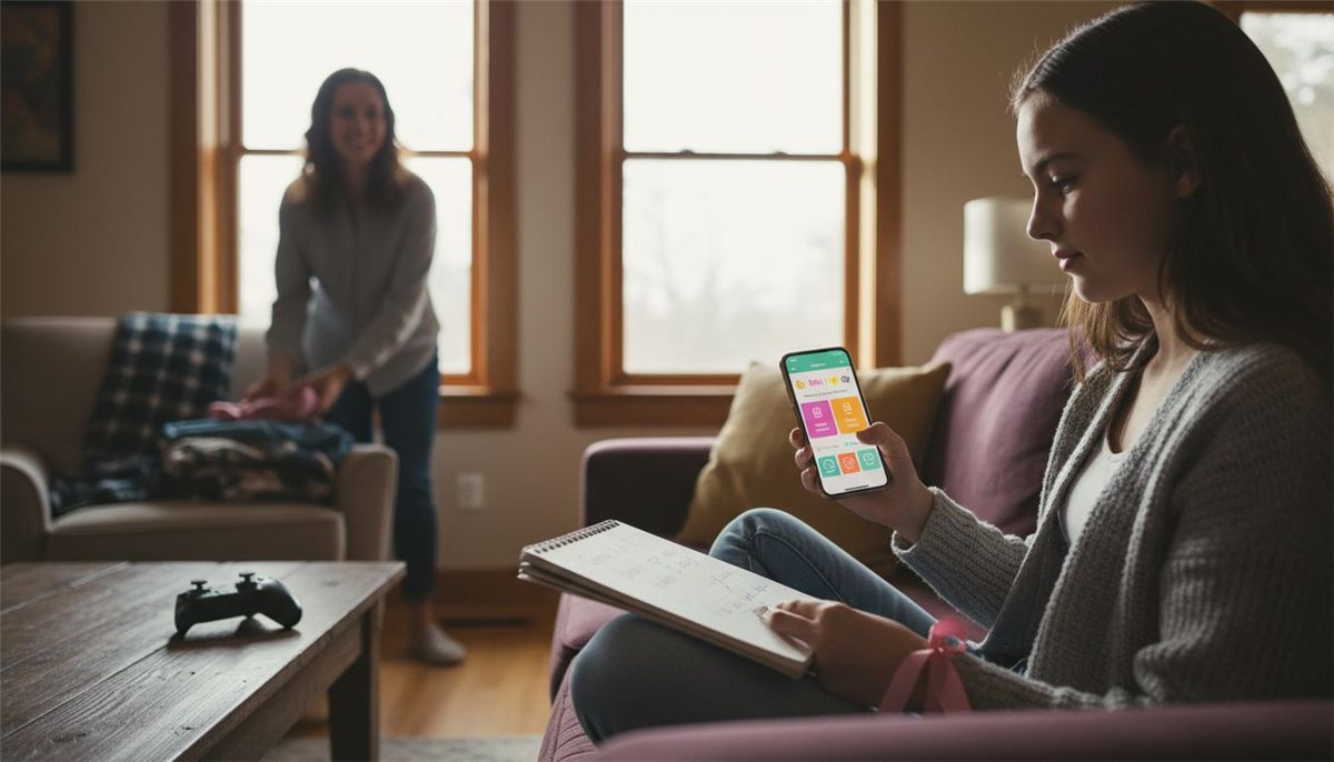 Teen managing digital family planner at home