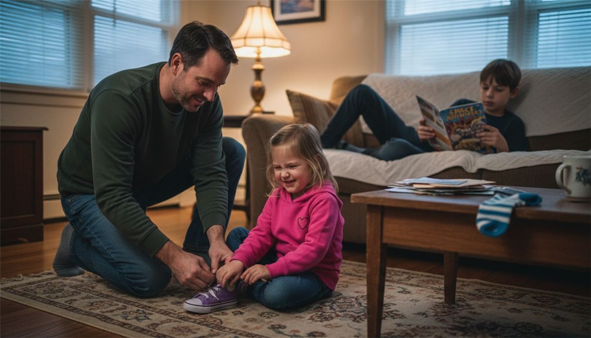 Family spends quiet evening in living room