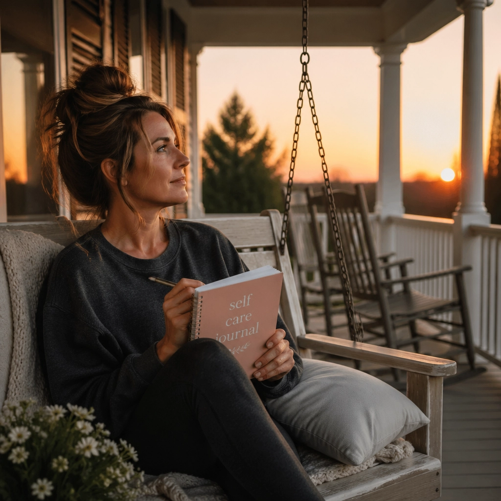 Single mom on porch swing journaling at sunset