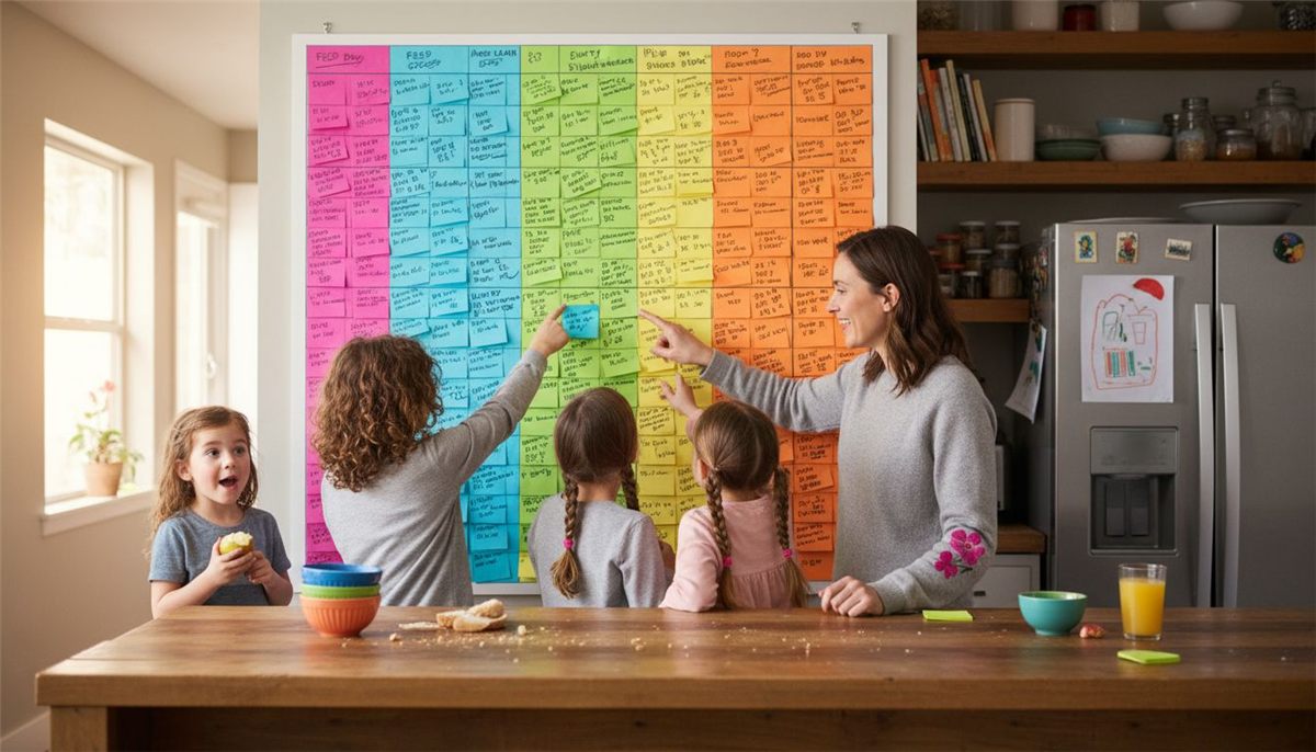 Family using color-coded chore board in kitchen