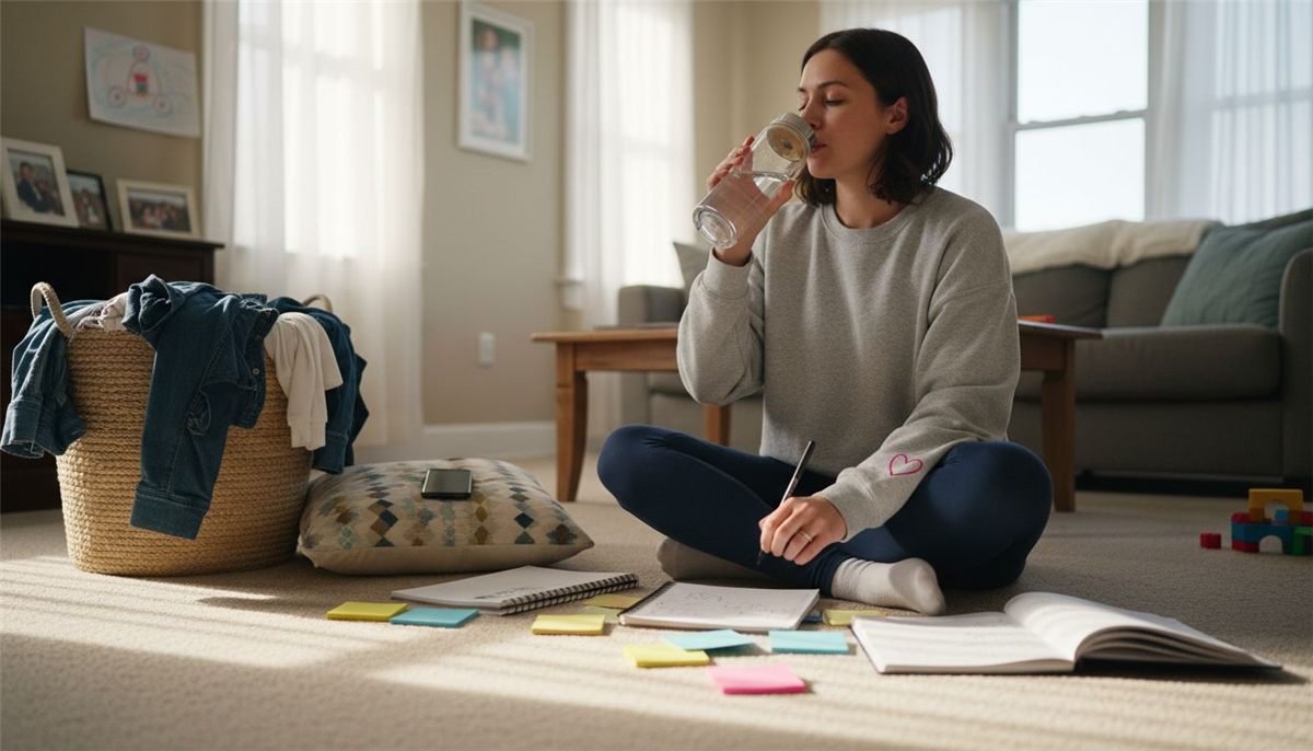 Mom planning blog niches in living room