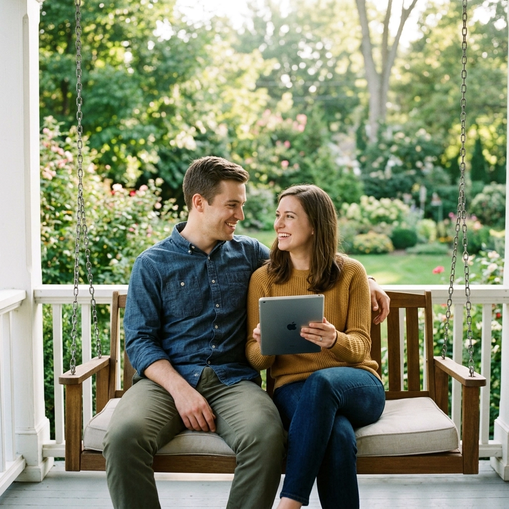 A couple sitting on a porch swing, looking at a tablet together and feeling confident about their financial future.