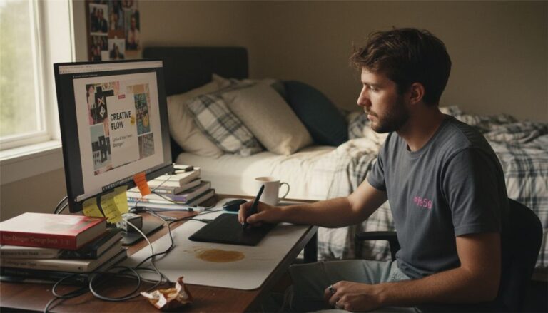 A person using a digital tablet at a cluttered desk with a monitor displaying design work. The room has an unmade bed, books, sticky notes, a coffee mug, and a coffee stain on the desk.