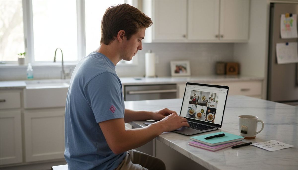Man designs Pinterest visuals at kitchen island