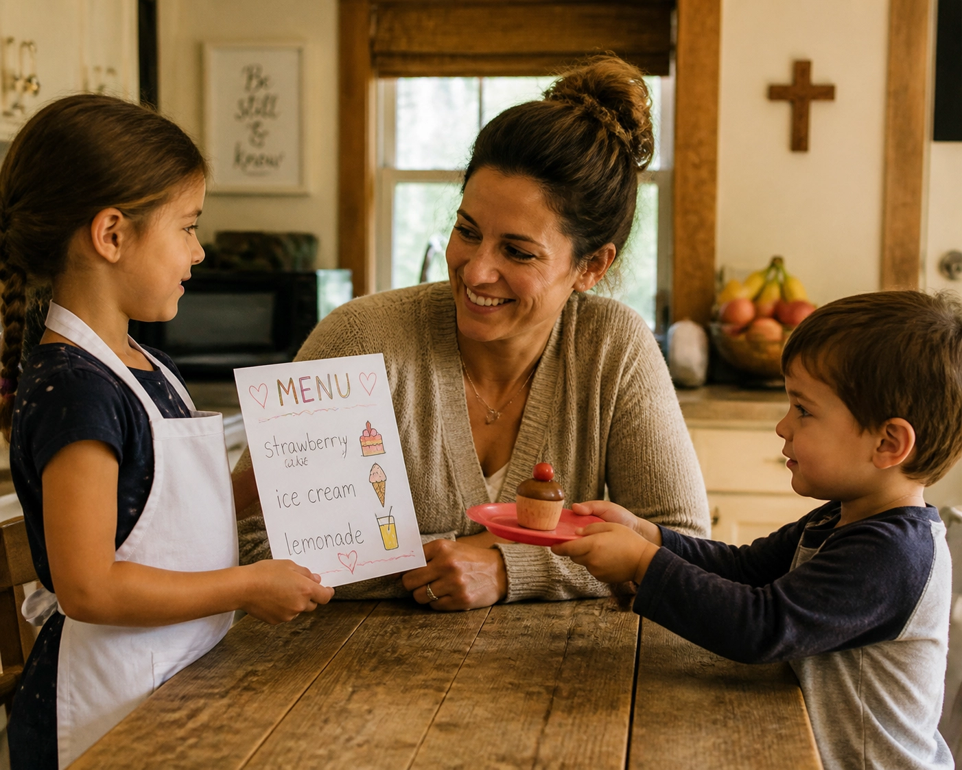 A mother and children enjoy a pretend restaurant game as a fun, budget-friendly family activity.