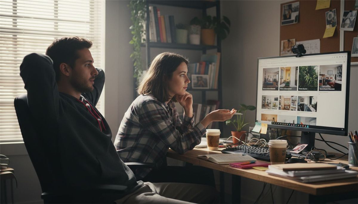 Pair discussing group Pinterest boards at coworking desk