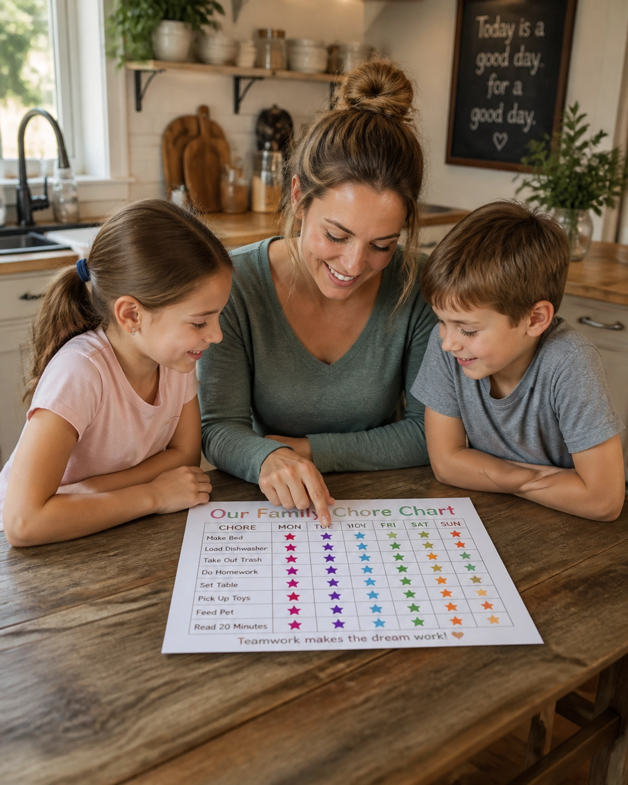 A single mother and her children looking at a chore chart together at the kitchen table, fostering a sense of teamwork.