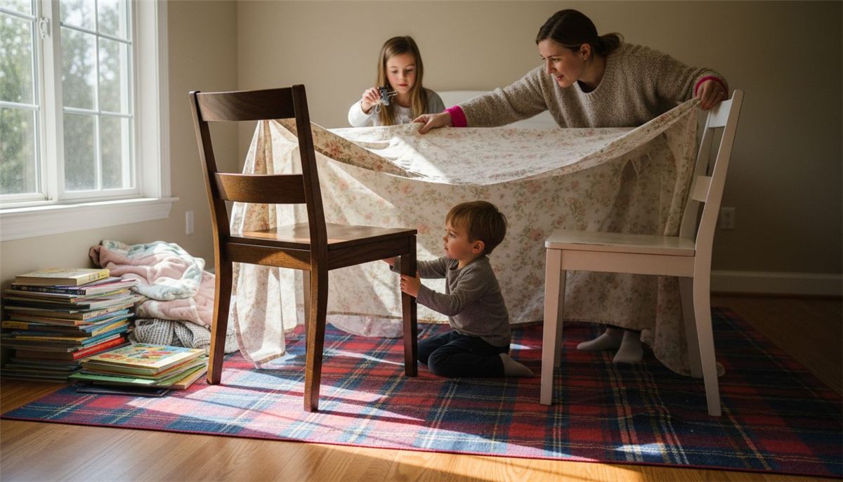 Family constructing stable indoor fort base