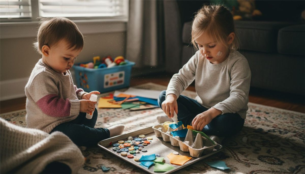 Toddlers making crafts with egg cartons and felt