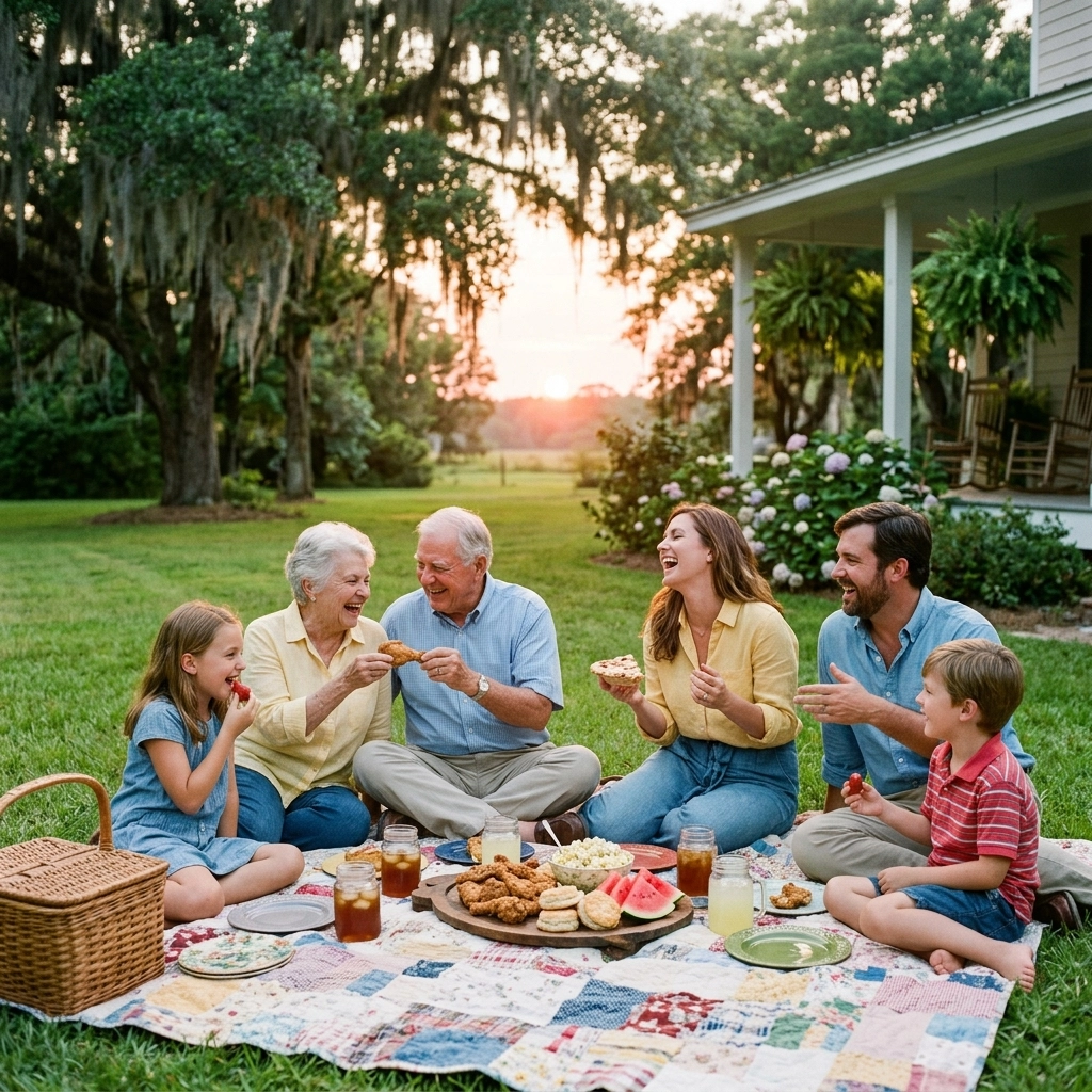 A traditional Southern family enjoying a sunset picnic in a lush green backyard, laughing together.