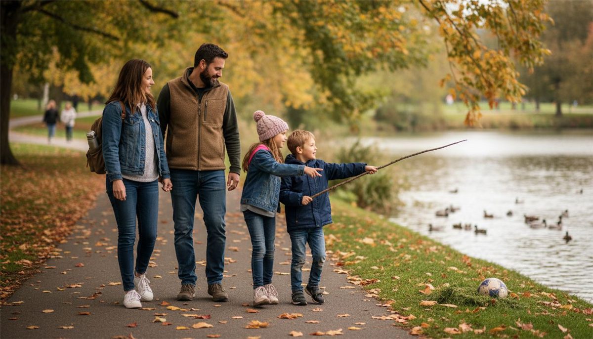 Family walking and exploring city park