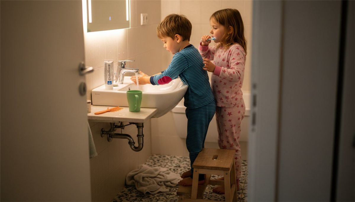 Children washing and brushing before bedtime