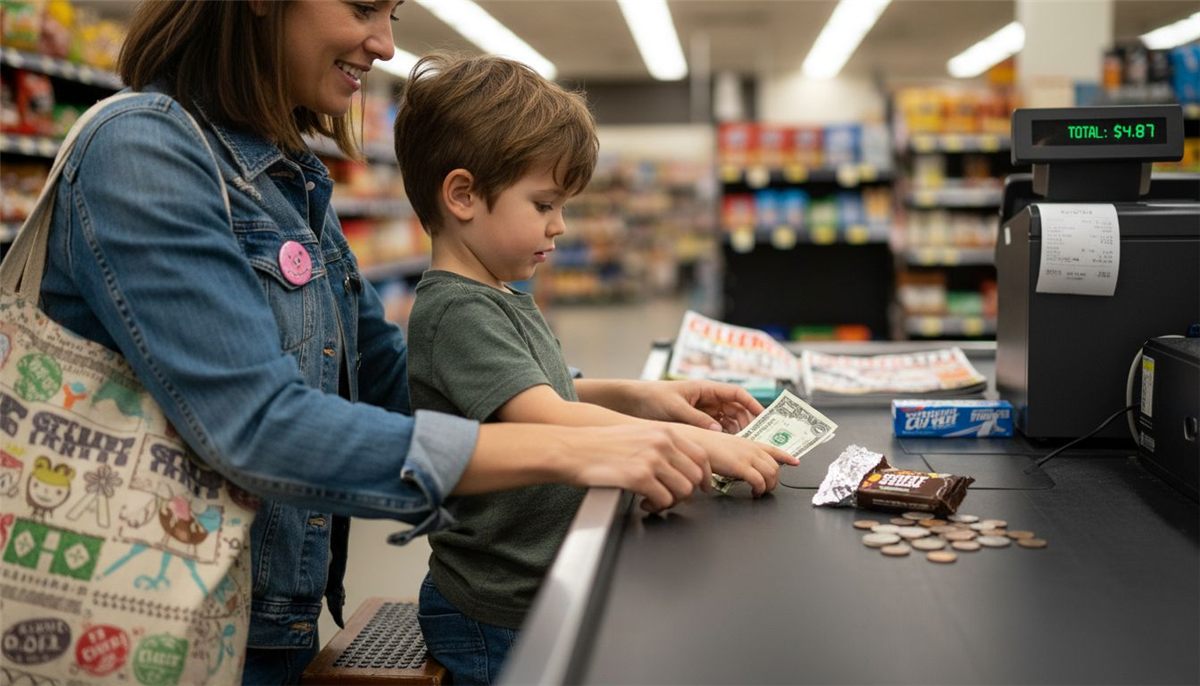 Child pays at grocery store checkout