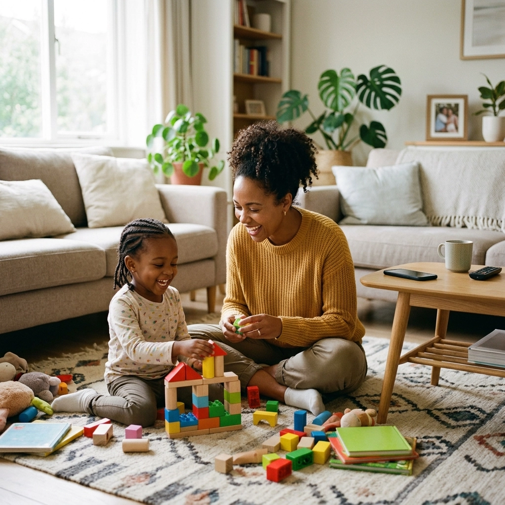A happy single mother playing with her daughter on the floor, looking relaxed and present because her schedule is handled.