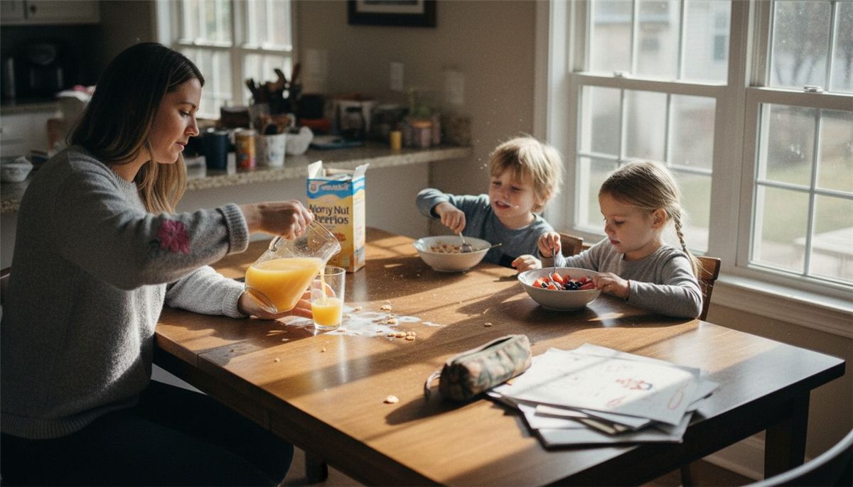 Family eating breakfast in busy kitchen