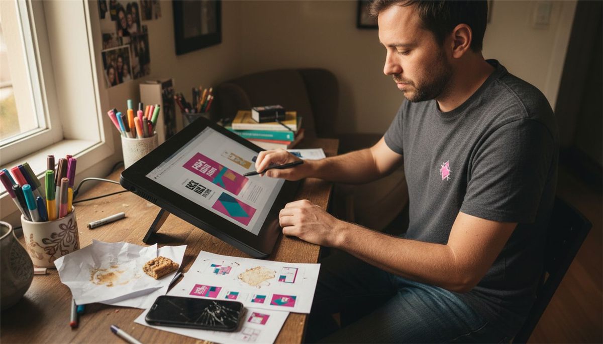 Designer creating Pinterest pins at desk