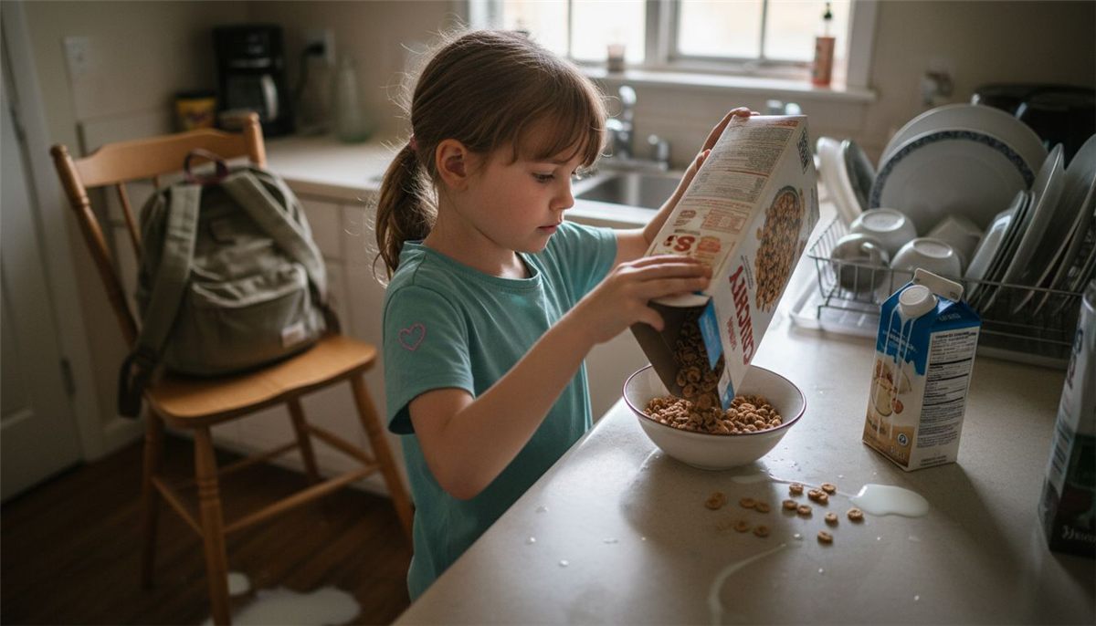 Young girl pouring cereal independently