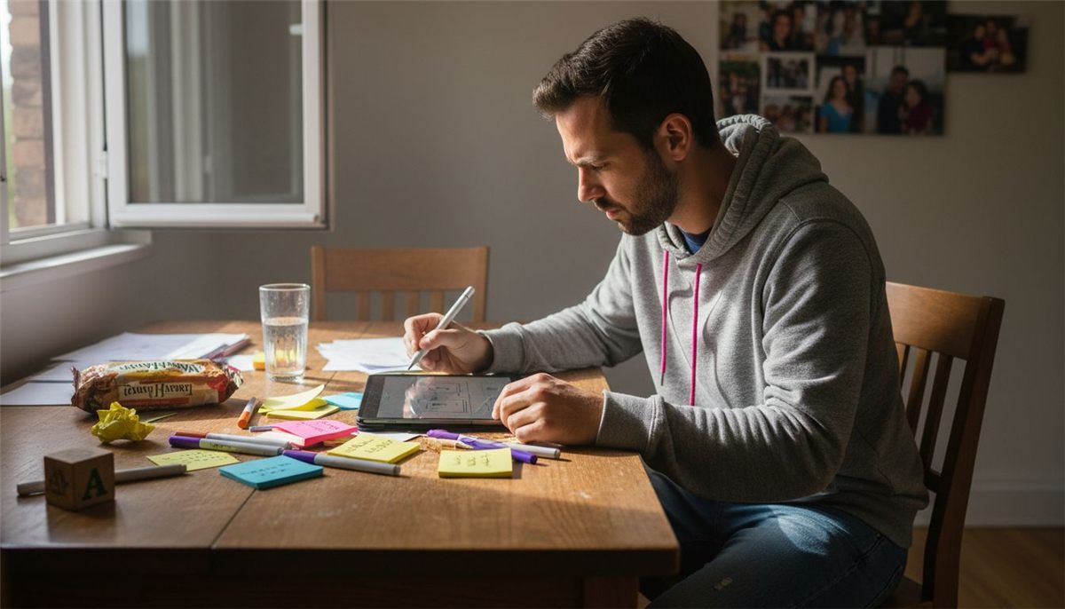 Person creating empathy map at kitchen table