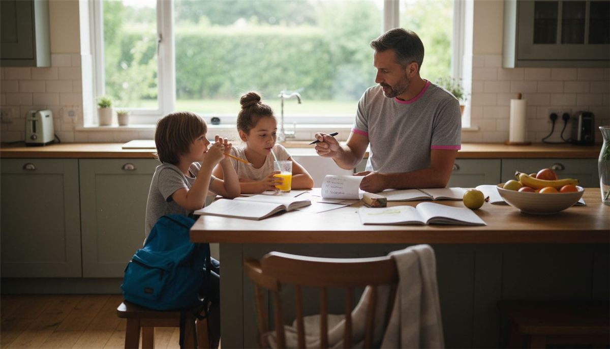 Parent setting rules with children at kitchen island