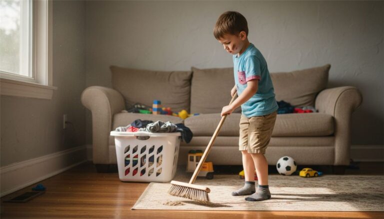 A young boy sweeps a rug with a broom in a living room. A laundry basket with clothes and several toys are on the floor, and a couch is in the background.