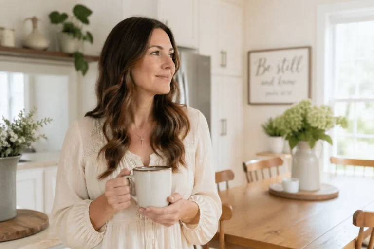 A woman with long brown hair stands in a bright kitchen, holding a mug and smiling. She wears a cream dress and a cross necklace. Flowers and a “Be still and know” sign decorate the space.