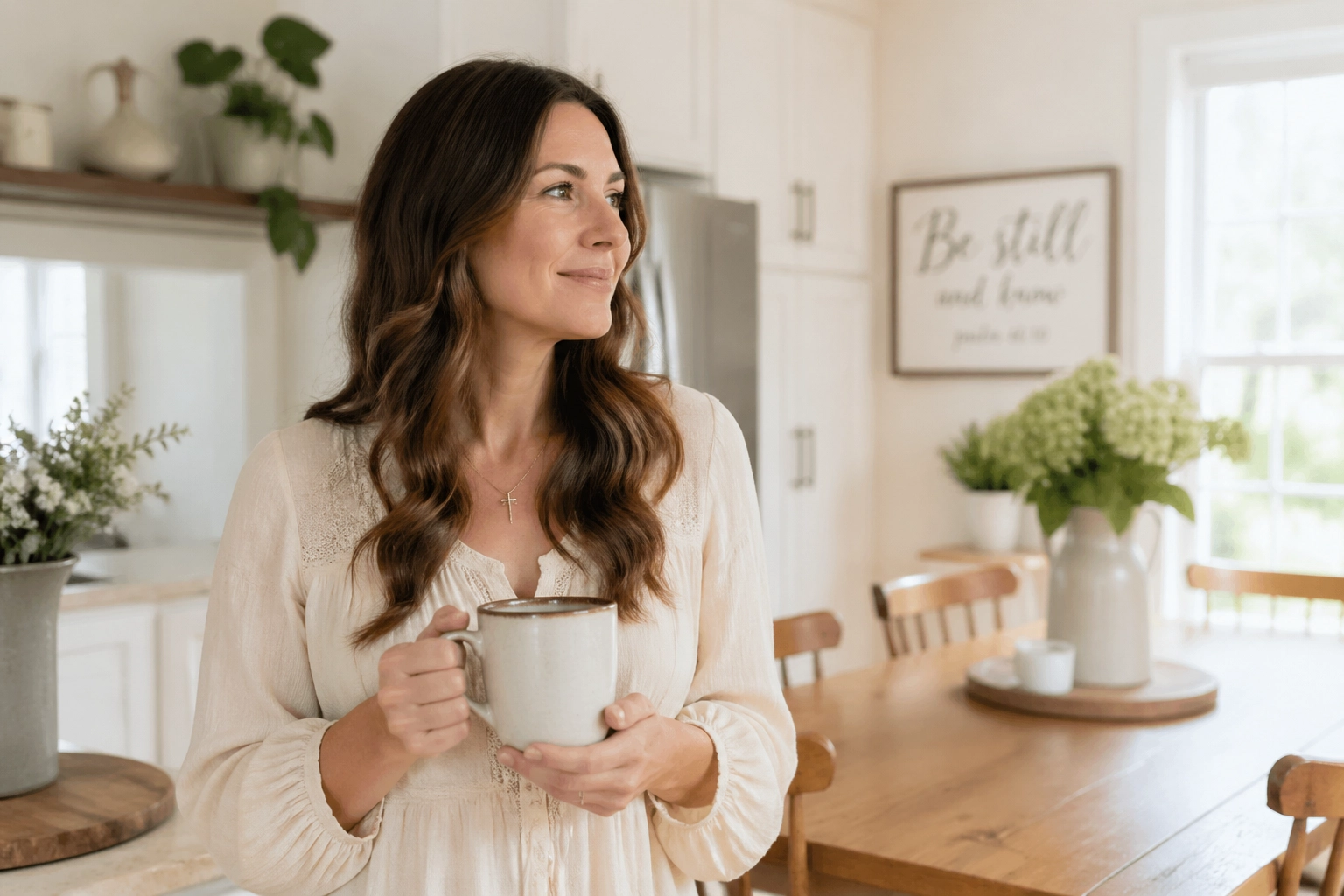 A serene mother enjoying peace in her clean kitchen