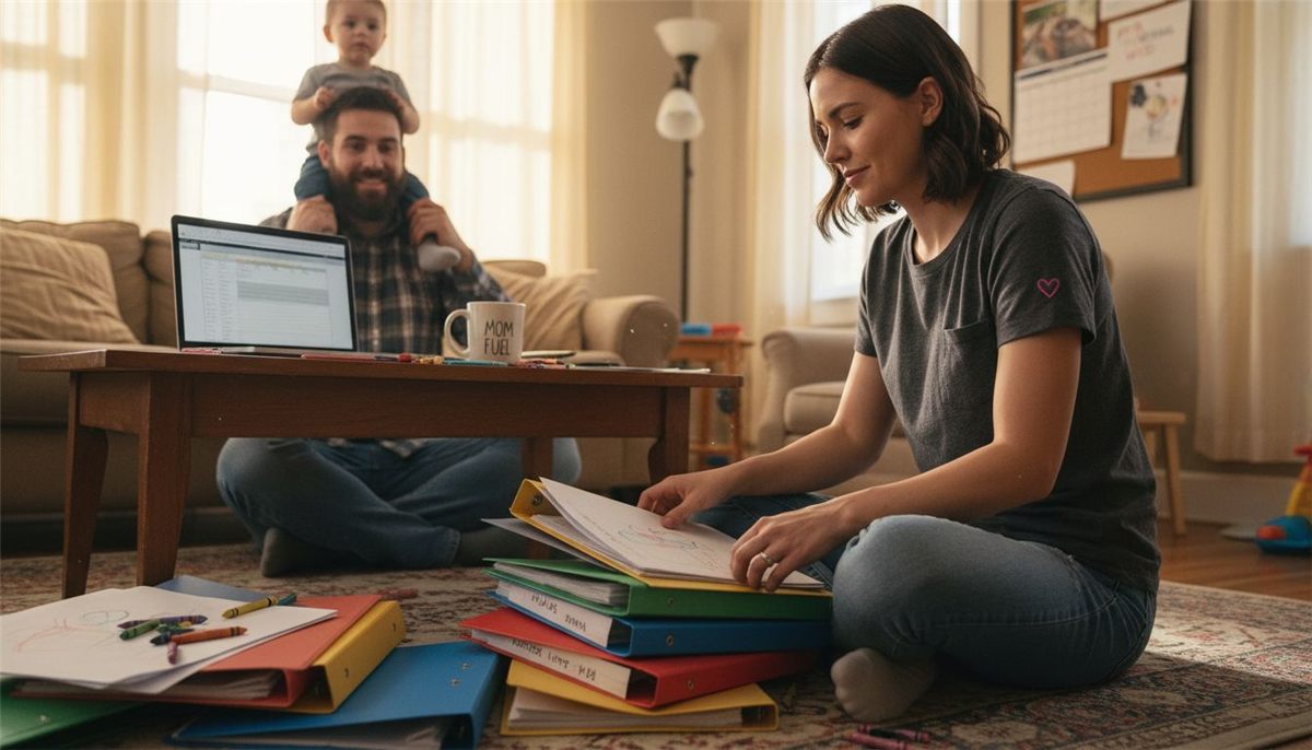 Mom organizing folders near laptop at home