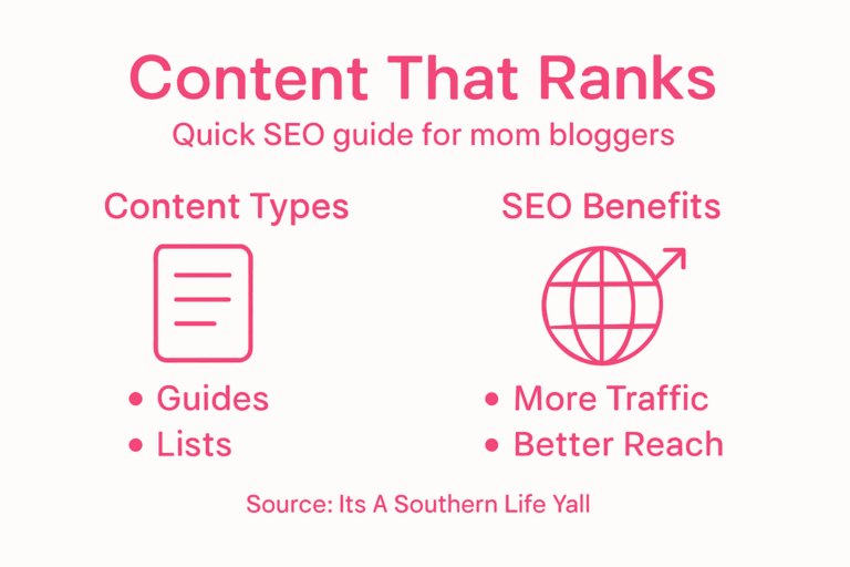 Infographic titled Content That Ranks shows SEO tips for mom bloggers: create guides and lists for more traffic and better reach. Includes icons for content and a globe. Source: Its A Southern Life Yall.