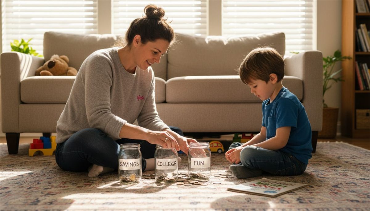 Mother and son practicing mindful spending together