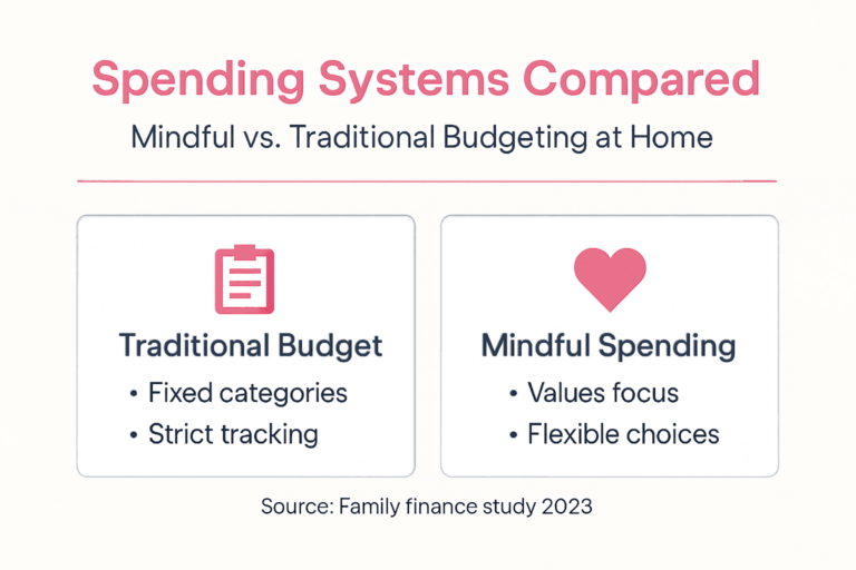 Infographic comparing traditional budgets, with fixed categories and strict tracking, to mindful spending, which emphasizes values focus and flexible choices. Includes icons and cites a 2023 family finance study.