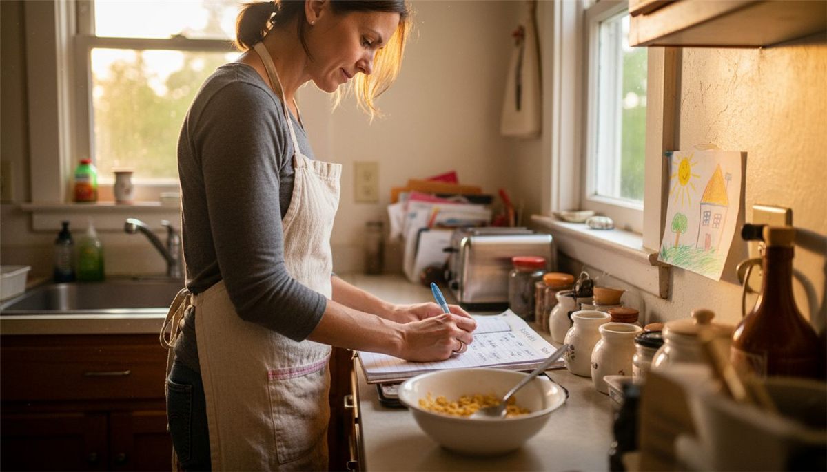 A woman wearing an apron writes in a notebook on a kitchen counter beside a bowl of cereal, with sunlight streaming through the window and various kitchen items around her.