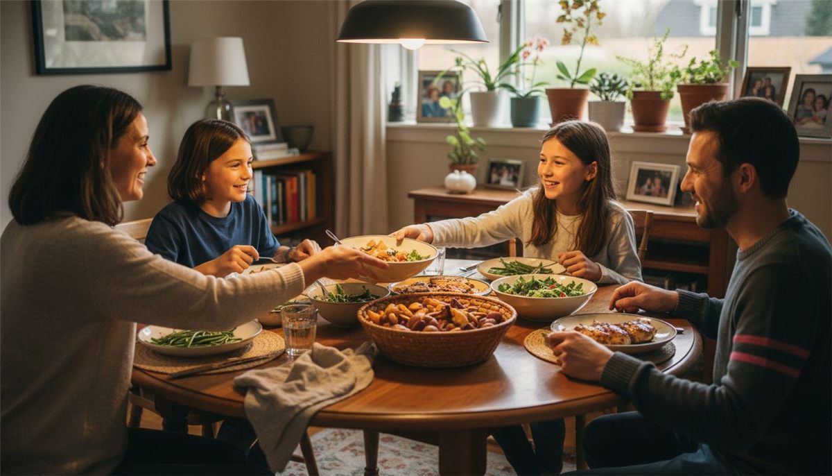 Family sharing simple home dinner together