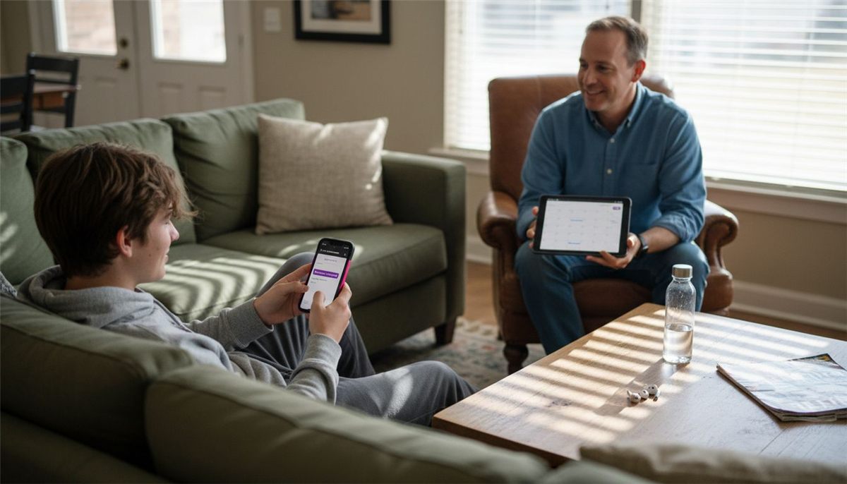 A man sits in an armchair holding a tablet, smiling at a teenage boy on a couch who is using a smartphone. They are in a bright living room with large windows and a coffee table.
