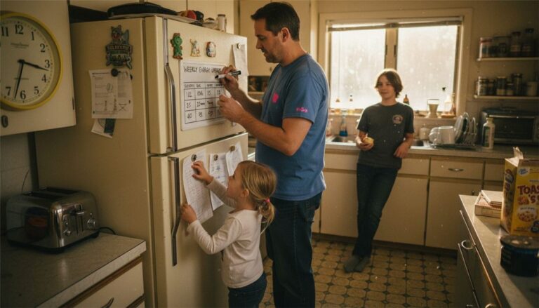 A man writes on a chore chart on the fridge while a young girl watches. Another child stands by the window eating an apple in a cozy, sunlit kitchen.