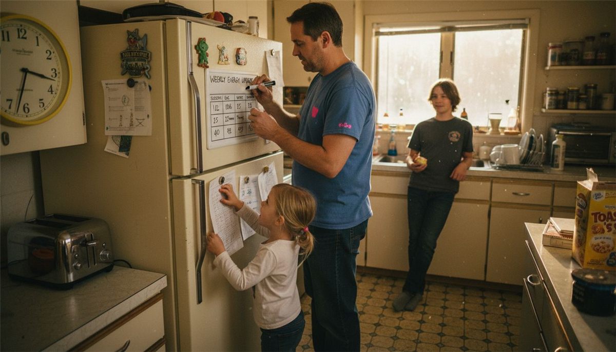 Family recording energy use on kitchen board