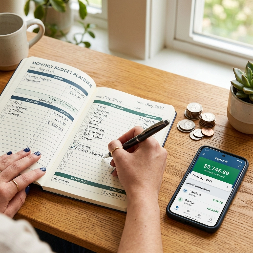 A hand writing in a clean budget planner next to a phone showing a positive balance