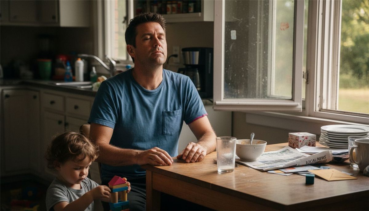 Parent practicing relaxation at home with child nearby