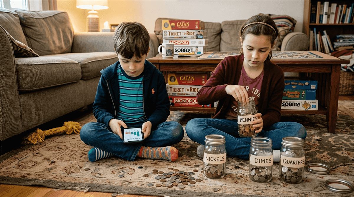 Children tracking allowance with coin jars and phone