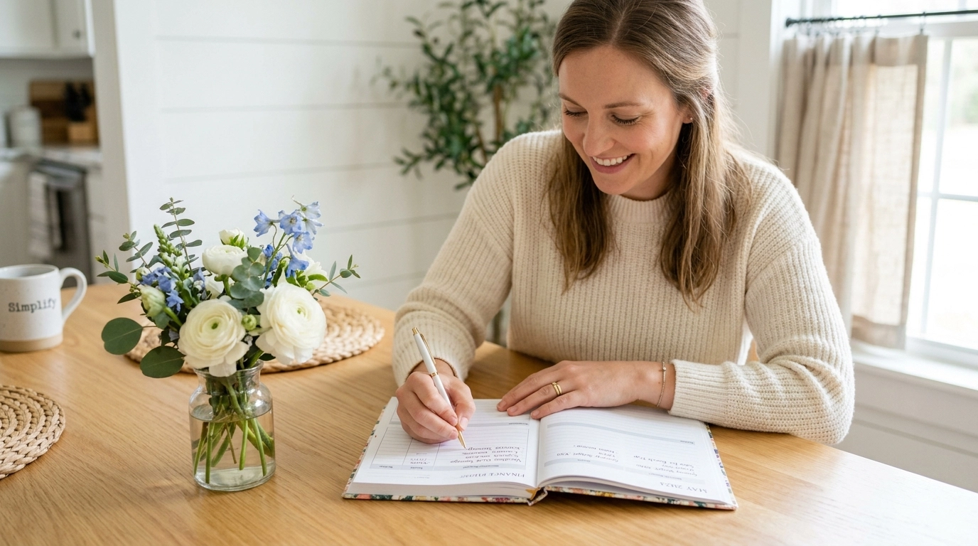 A woman happily writing in an organized life planner, emphasizing self-care.
