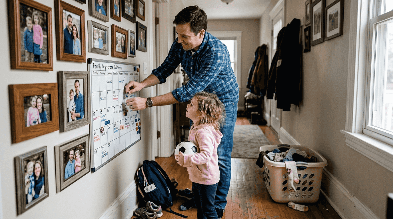 Family updating wall calendar in hallway