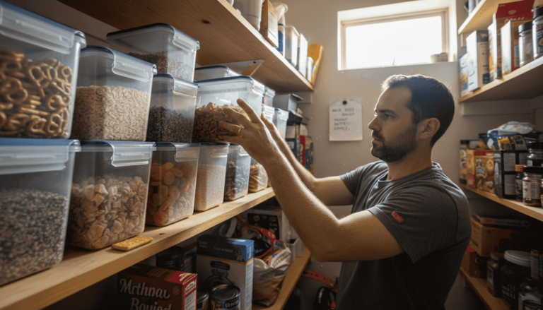 A man in a gray shirt organizes clear plastic containers filled with snacks and dry foods on wooden shelves in a well-lit pantry. Various food packages are visible on the shelves around him.